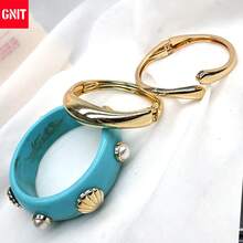 GNIT Gelang Wanita Resin Bertatahkan Mutiara dan Emas, Set Gelang Terbuka Tebal 3pcs/1pc yang Dapat Ditumpuk, Perhiasan Personalisasi Gaya Vintage Pesisir - Biru langit. Emas. Emas - View 6