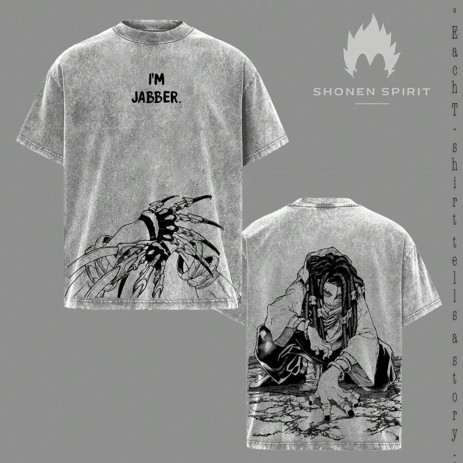 Vintage Washed Jabber Gachiakuta T-Shirt, Mad Cleaner Villain Graphic Tee, Chaotic Masked Wrestler Design, Dark And Dystopian Manga Aesthetic, Oversized Streetwear Style - 深灰色 - 查看 1