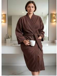 UNISEX WIDE AND LONG BATHROBE EXCELLENT ABSORPTION WITH RIBBON AND POCKETS - 咖啡棕 - 查看 6