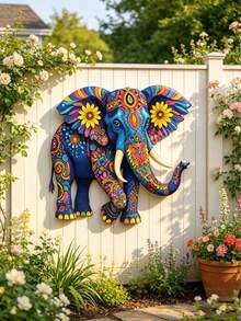 1Pc 2D Flat Colorful Elephant Metal Wall Decor, Boho Style Elephant Garden Ornament, Suitable For Home, Yard, Room, Courtyard And Balcony Decoration, Also Used As Outdoor Fence Decor, Housewarming & Holiday Gift, Ideal Present For Friends And Family - Elephant B - View 5