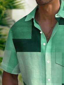 Men's Vintage Geometric Color Block Print Button Pocket Short Sleeve Shirt - Green - View 5