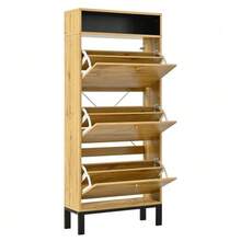 Shoe Cabinet/Shoe Rack, Tall And Narrow, With 3 Doors And Additional Compartments, Height 147 Cm - 自然色 - 查看 7