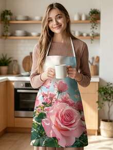 1pc, Tulip And Rose Pattern Polyester Apron, Suitable For Cooking, Baking, And Gardening – Can Also Be Used As Attire For The Kitchen And Dining. - Multicolor - View 6