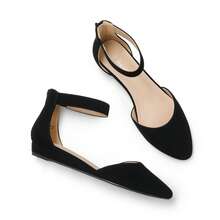 Women Low Wedge Flats Closed Pointed Toe Ankle Strap Comfortable Commute Party Wedding Flats With Back Zipper Design Elegant Shoes Black Nubuck - Black - View 6