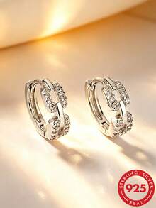 1 Pair S925 Sterling Silver Geometric Double Square Hoop Earrings With Synthetic Zirconia, Elegant Quality Jewelry For Women's Daily Wear - Silver - View 1