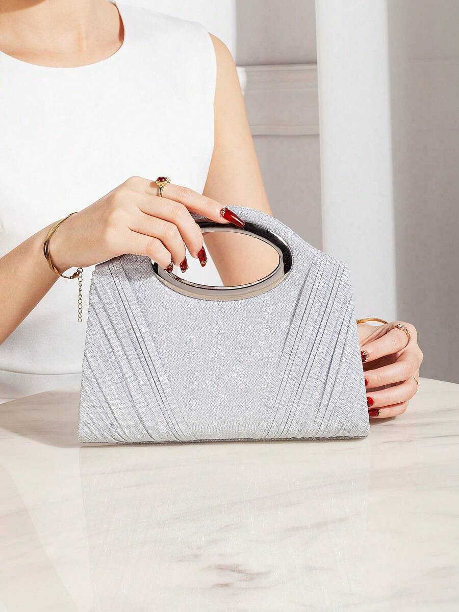 Gold Evening Clutch Bag With Sparkling Rhinestones And Circular Metal Handle, Elegant Handbag For Weddings, Dinners And Special Events, Women's Fashion - 銀色 - 查看 1