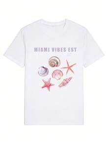 女款圓領寬鬆貝殼海星印花 MIAMI VIBES 圖案 T-shirt 夏季休閒海灘短袖上衣 - 白色 - 查看 4