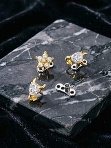 1pc G23 Titanium Gold Flower Heart Moon Spider Butterfly Cross Pentagram Zirconia Inlaid Stud, Suitable For Daily Wear - Gold - View 2