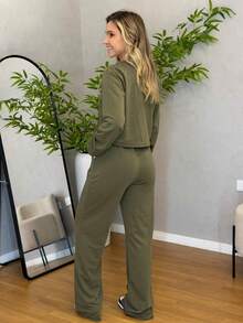 WOMEN'S SET OF PANTS AND LONG SLEEVE SWEATSHIRT, COMFORTABLE AND STYLISH - 軍綠色 - 查看 2