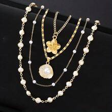 4pcs Simple Elegant Women's Fashion Y-Shaped Necklace With Faux Shell Flower Design, Perfect For Daily Wear, Dates, Vacations, Parties, And Valentine's Day Gift For Girlfriend - Gold - View 3