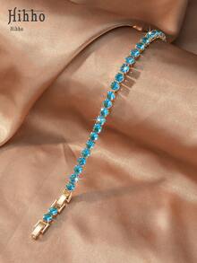 Hihho 1pc Copper Zirconia Stone Decorated Classic Tennis Chain Bracelet, Multiple Sizes Lake Blue Zirconia Inlaid Design Bracelet Available, Simple Versatile Design, Suitable For Women, Suitable For Daily, Bar, Travel Accessories - Lake Blue - View 16