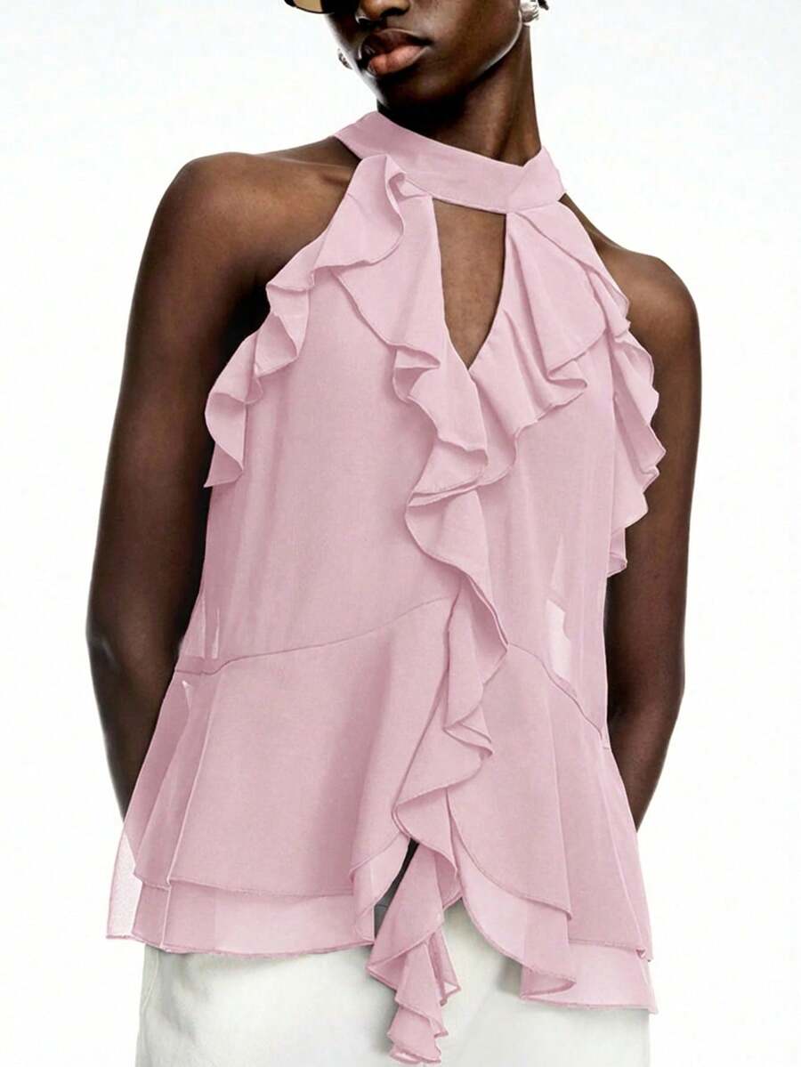 New Chiffon Blouse With Ruffles And A Bow At The Back In Olive Green - Bohemian Style Design For Summer - Rose - View 1