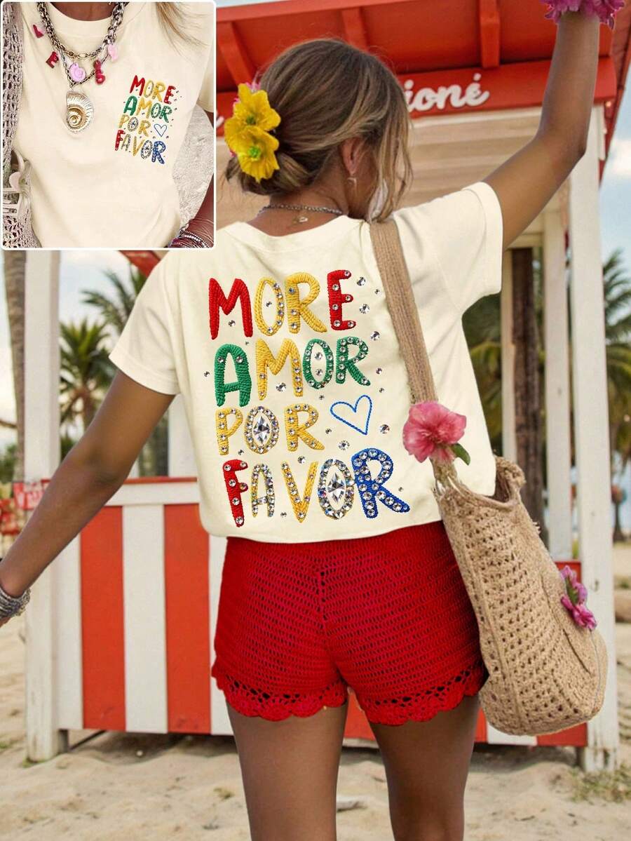 Women's 180g (Sizes S-XXXL), Casual Urban Summer Vacation Clothing, Short Sleeve Graphic T-Shirt, Funny Colorful Text T-Shirts, Personalized T-Shirt For Mom - 杏子 2 - 查看 1