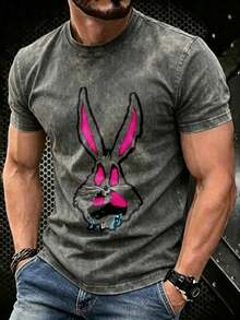 Unisex Men's All-Season T-Shirt, Loose Fit, Vintage Washed Fabric, Neon Pink Rabbit Head Print With Water Droplets, Ideal For Football, Urban Street Look, Father's Day Gift - 鉛灰色 - 查看 3