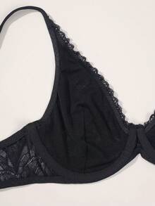 Women's Stylish Black Floral Lace Underwire Triangle Bra, Featuring A Scalloped-Edge V-Neck And A Push-Up Effect-Perfect For Everyday Wear. - Black - View 6