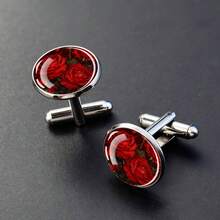 1 Pair Cufflinks Glass Inlay Red Floral Design Elegant Men's Accessory Gift For Formal Wear Sophisticated Round Top Decorative Jewelry - Silver - View 6