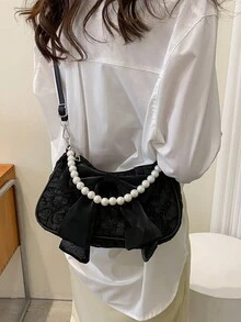 Fashionable Pearl Chain Handbag Shoulder Bag - Black - View 3