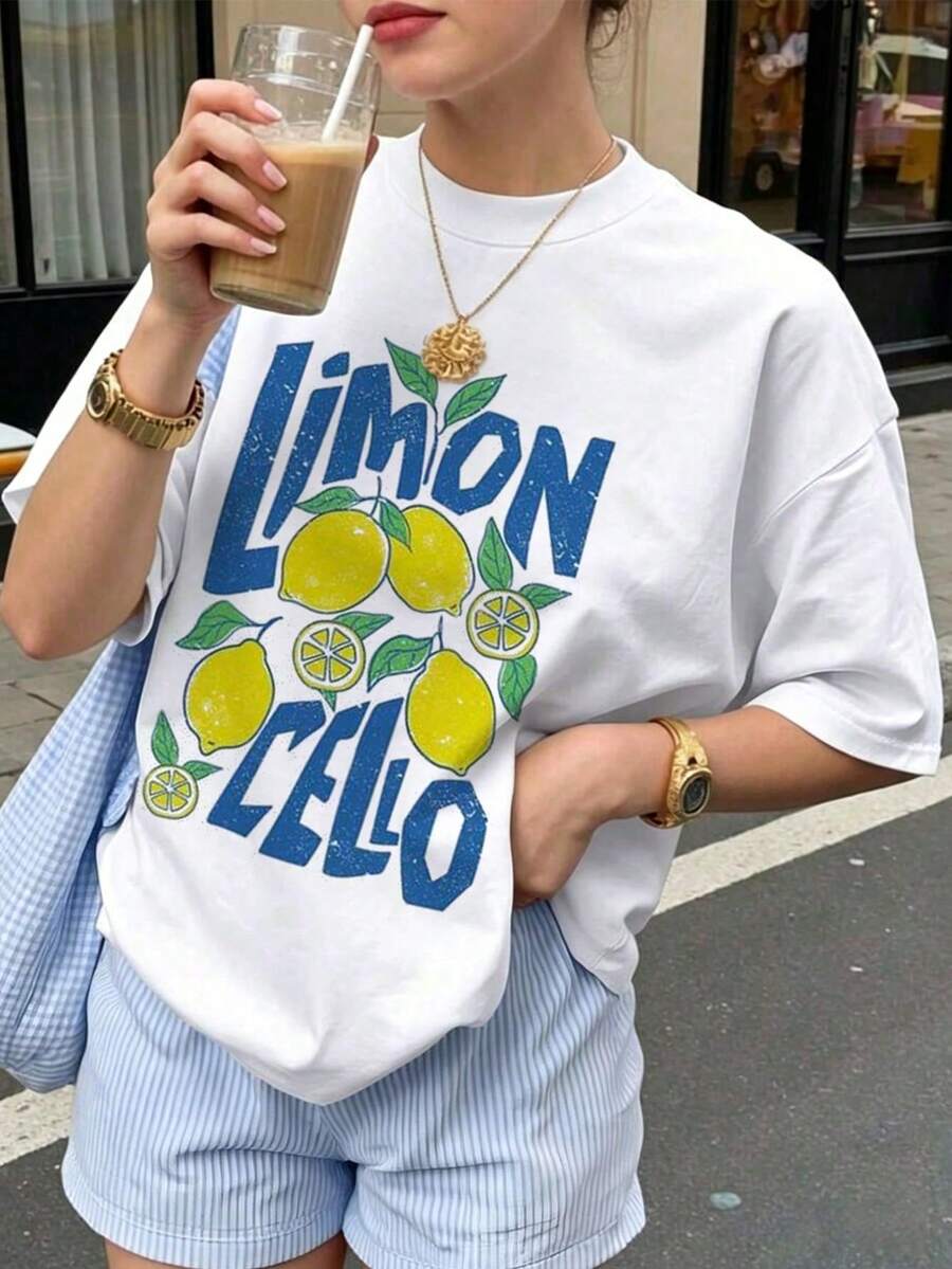 Camiseta con estampado de camisa casual para mujer, manga corta y cuello redondo, moda urbana local de primavera/verano. - Blanco - Ver 1
