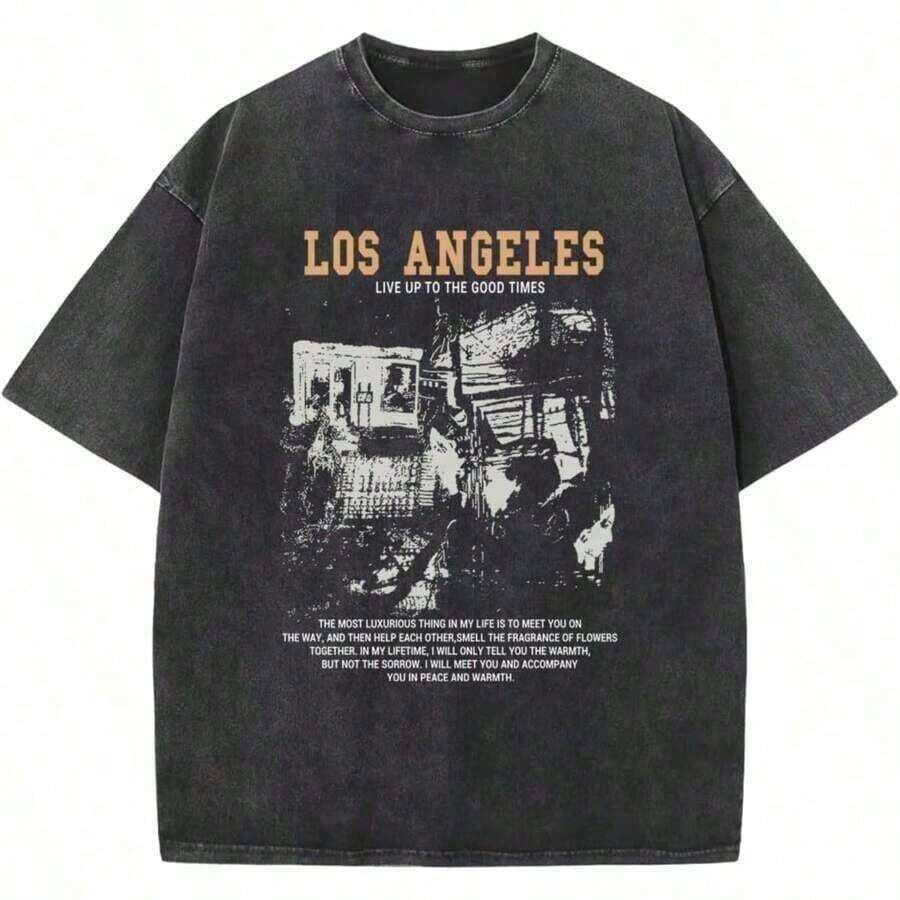 Men's Clothing; Summer Tops [100% Cotton] Oversized Graphic T-Shirts For Men, Acid Wash, Vintage Los Angeles Style, Loose Cotton T-Shirts, Casual Wear - Unisex For Women - 黑色 - 查看 1