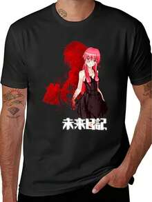 Camiseta con Gráficos de Anime Mirai para Hombre | Camiseta casual negra con personaje de cabello rosa y texto en japonés, cuello redondo, corte regular, tela ligeramente elástica, có - Negro - Ver 1