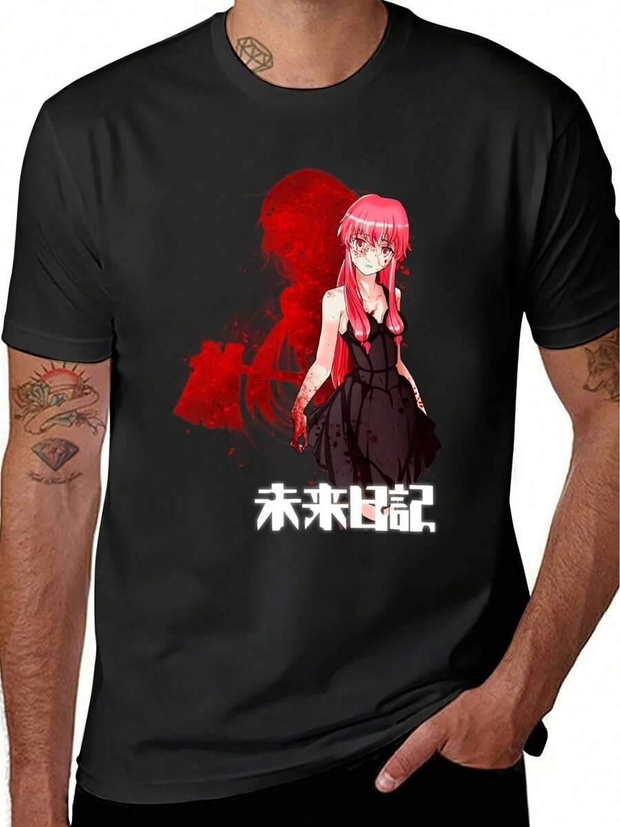 Camiseta con Gráficos de Anime Mirai para Hombre | Camiseta casual negra con personaje de cabello rosa y texto en japonés, cuello redondo, corte regular, tela ligeramente elástica, có - Negro - Ver 1