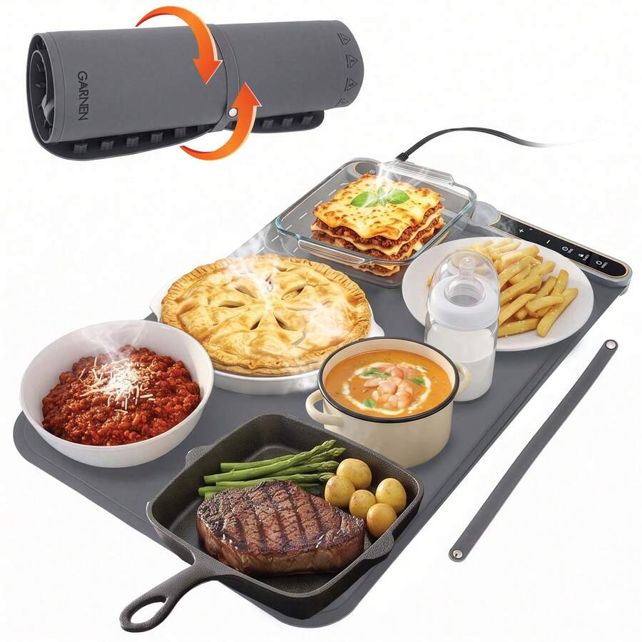 Garnen Warming Mat For Food With 9 Temp Level, Electric Food Warming Mat, 23"X15" Silicone Food Warmer, 8 Timer Settings, Portable Roll-Up Heating Mat - 灰色 - 查看 1
