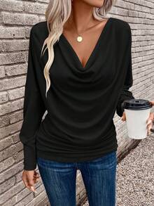 Camiseta escote drapeado fruncido - Negro - Ver 1