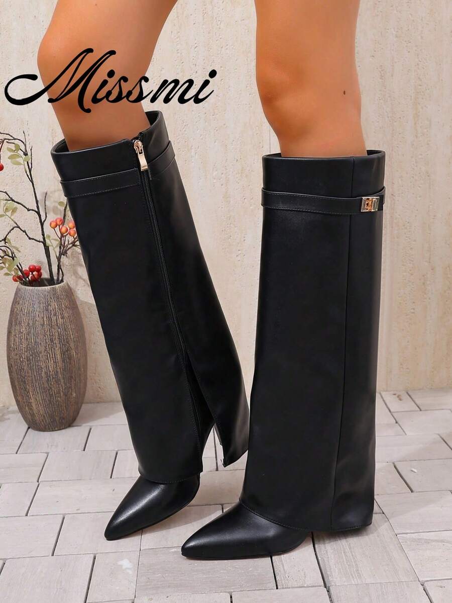 Fall/Winter 2025 Spring/Summer New European & American Pointed Toe Tall Boots Women, Slim Fit Straight Leg Shaft Boots, Wedge Heel Riding Boots