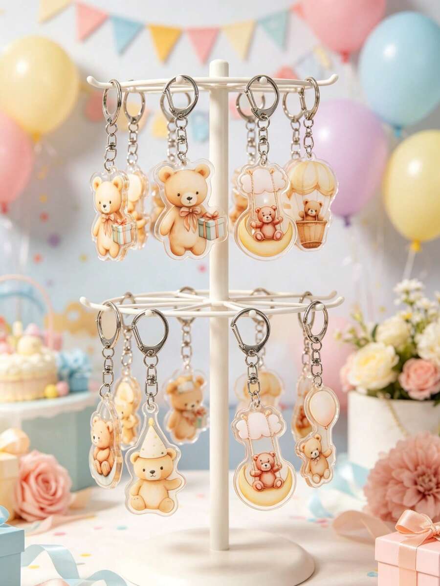 6个棕熊亚克力钥匙扣，棕熊图案，适合一周岁生日派对、婴儿派对装饰、性别揭晓派对、新生儿男孩/女孩派对礼物、包包/手机挂饰、游戏奖品、可爱卡通性别揭晓派对礼物、婴儿派对礼物