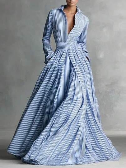 Vestido largo a rayas primavera 2026 para mujer estilo europeo‑americano, cuello alto, apertura frontal, talle alto y corte holgado