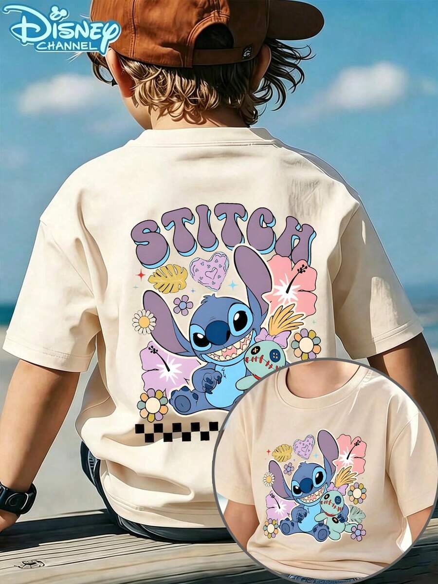Disney "Lilo & Stitch", The Theme Cartoon Print Casual Short-Sleeved T-Shirt, Suitable For Spring And Summer Wear, Perfect As A Festive Gift - Apricot - View 1