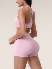 TimeOff 2pcs Women's Fitness Set, Halter V-Neck Y-Back Sports Bra + High Waist V-Stitch Shorts - Pink - View 5
