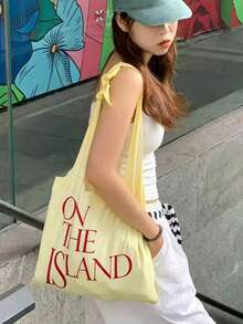 Japanese & Korean Style Niche Design Ins Slouchy Tote Bag, Large Capacity Shoulder Underarm Tote Bag, Letter Print Versatile Shopping Bag - Yellow - View 4