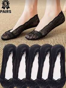 5 Pasang Kaos Kaki Wanita Renda Tak Terlihat Musim Panas Transparan Pendek Tanpa Terlihat Set Kaos Kaki Pendek Putih Silikon Anti Selip (Tanpa Kartu Kertas) - MultiWarna - View 8