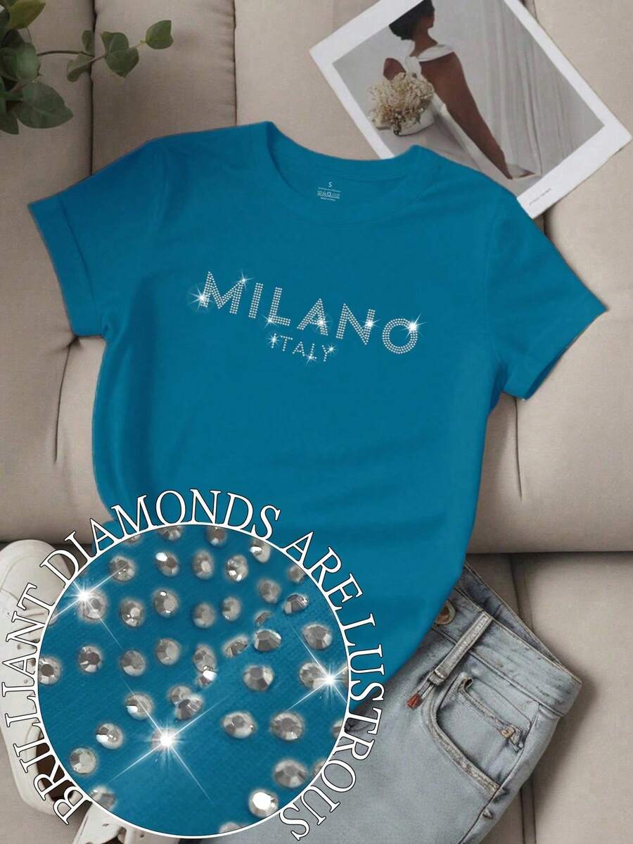Women's Unity Letter Slogan Short Sleeve T-Shirt, LOS ANGELES Graphic Tees, Women's Tops - Cadet Blue - View 1