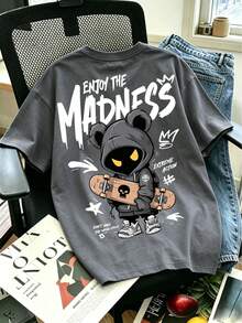 「Enjoy The Madness」滑板熊圖案 T 恤，街頭風卡通印花短袖，頹廢美學休閒，大膽都市風夏季 - 深灰色 - 查看 6