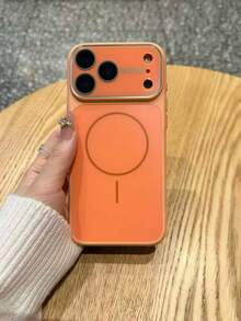1pc 17 Pro Max Phone Case Large Window AG Matte Skin-Feel Magnetic Thin Ring Apple 16 Silicone Protective Cover - Orange - View 1