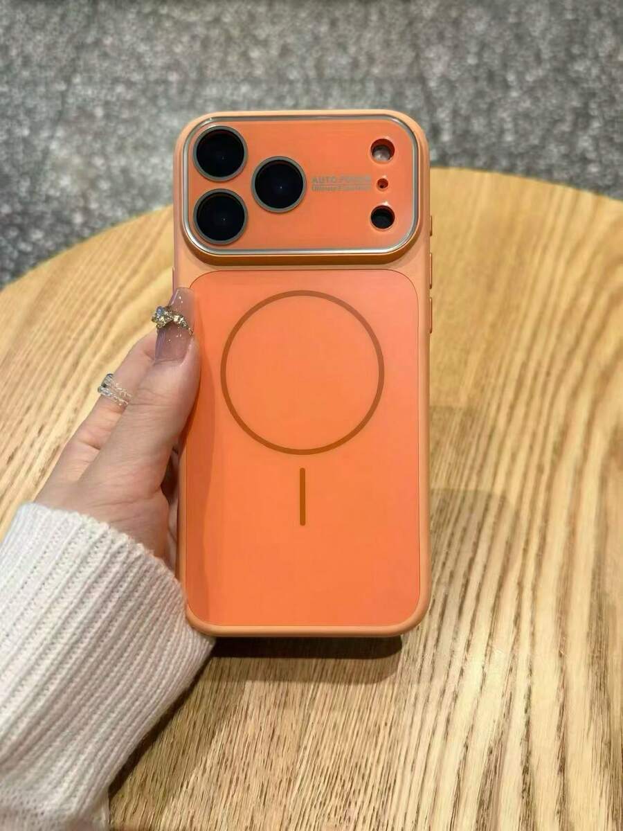 1pc 17 Pro Max Phone Case Large Window AG Matte Skin-Feel Magnetic Thin Ring Apple 16 Silicone Protective Cover - Orange - View 1