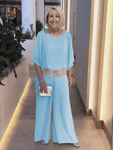 Elegant Sequin Spliced Chiffon Set, Plus Size Crew Neck Batwing Sleeve Spring Summer Formal Suit - Sky Blue - View 7