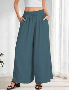 Women's Wide Leg Pants, Elastic Waist With Drawstring, Lightweight Loose Casual Trousers With Pockets - 咖啡 - 查看 9