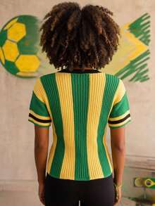 Women's Blouse Brazil Ribbed Knit Short Sleeve V-Neck Front Print Sporty Casual Knit - 黃色 - 查看 3