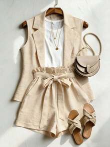 Conjunto de 2 piezas de verano para mujer, shorts con cintura anudada con volantes, adecuado para ir al trabajo, uso diario, estilo elegante - Burdeos - Ver 10