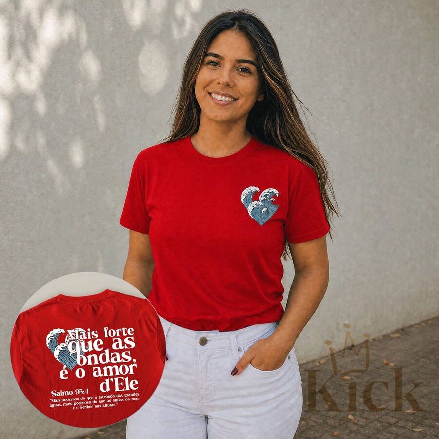 Camiseta T-Shirt Salmos 93:4 mais forte que as ondas camisa unissex 100% algodão - Vermelho - Visão 1
