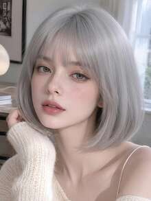 女款 12 英吋銀灰色直劉海假髮，時尚風格，適合 Cosplay 與各種活動 - 灰色 - 查看 3