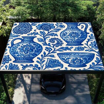 1pc White Background Blue And White Porcelain Vase Paisley Floral Print Square Sunshade Sail, New Chinese Style Blue And White Mixed With Mediterranean Vintage Style Polyester Outdoor Sunshade Canopy, UV Resistant Waterproof Tarp, With Reinforced Edge Stitching Details, Suitable For Carport, Courtyard, Patio, Backyard, Summer Daily Leisure
