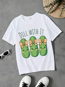 Girls' Summer Short-Sleeve T-Shirt, Fitted T-Shirt, Cotton Knit Fabric, Fashionable Street Style,Featuring A Cute Cartoon Print - White - View 2