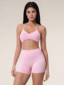 TimeOff 2pcs Women's Fitness Set, Halter V-Neck Y-Back Sports Bra + High Waist V-Stitch Shorts - Pink - View 10