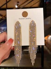 Pendientes largos con diamante de imitación con fleco - Dorado - Ver 1