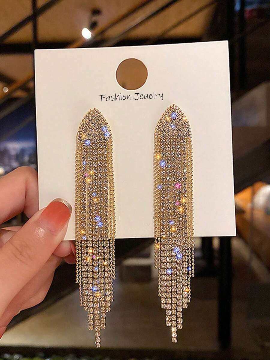 Pendientes largos con diamante de imitación con fleco - Dorado - Ver 1