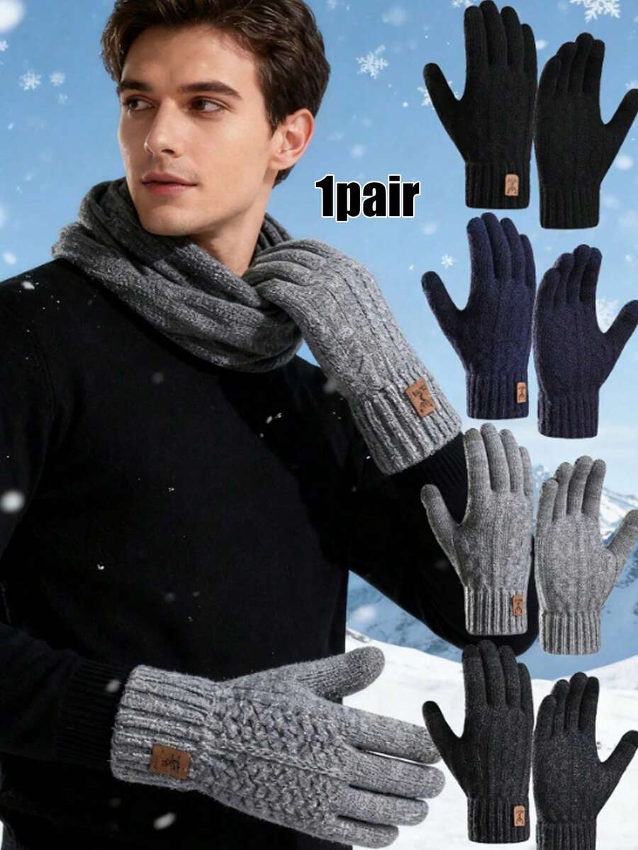 1 Pair Cotton Winter Gloves, Touchscreen Fleece Knit Gloves, Sensitive Touch Waterproof Windproof Touchscreen Gloves - Multicolor - View 1